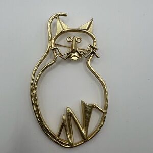 Vintage Abstract Cat Brooch Modernist MCM Brutalist Gold Tone Artisan Pin 3.5x2